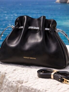 NWT BADGLEY Mischka Black Leather Drawstring Shoulder Dumpling Bag